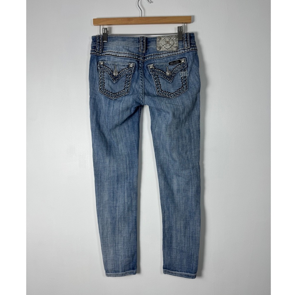 Western Y2K Miss Me Women 27 Cuffed Skinny Jeans Blue Whipstitch Rhinestone LT90